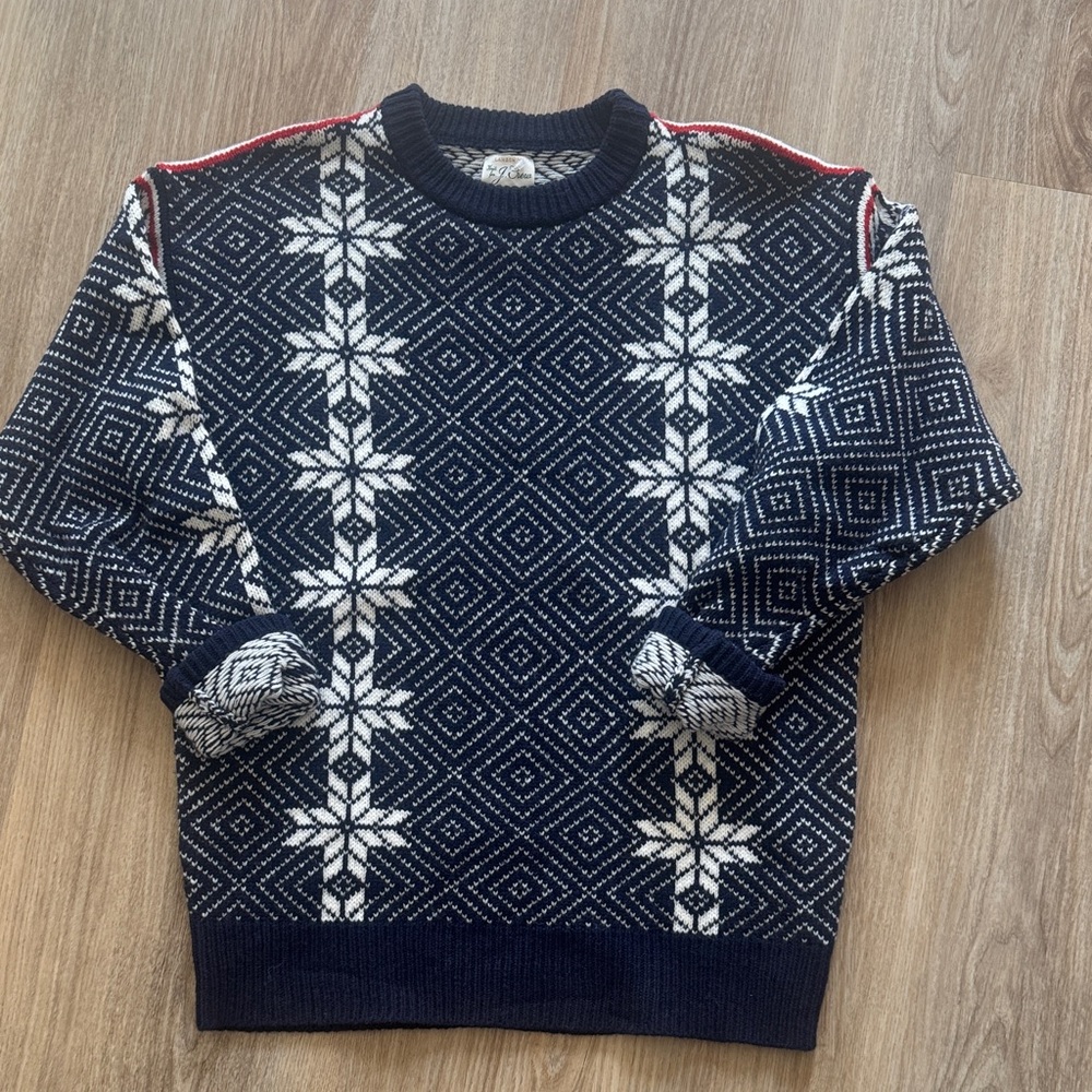 J. Crew Navy and White Snowflake Crewneck Sweater